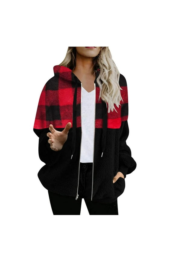 Womens Oversized Sherpa Pullover Hoodie with Pockets Fuzzy Fleece Sweatshirt Winter Full Zip Up Jacket Casual Plaid Color Block Fluffy Coat Outwear (Red,M)