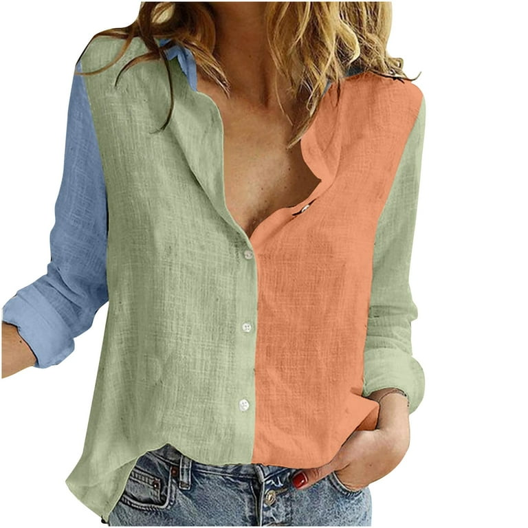 ZQGJB Color Block Shirts for Women Cotton Linen Rolled Long Sleeve Button  Neckline T-Shirt Loose Fit Comfy Blouse Trendy Workwear Tops Mint Green M 