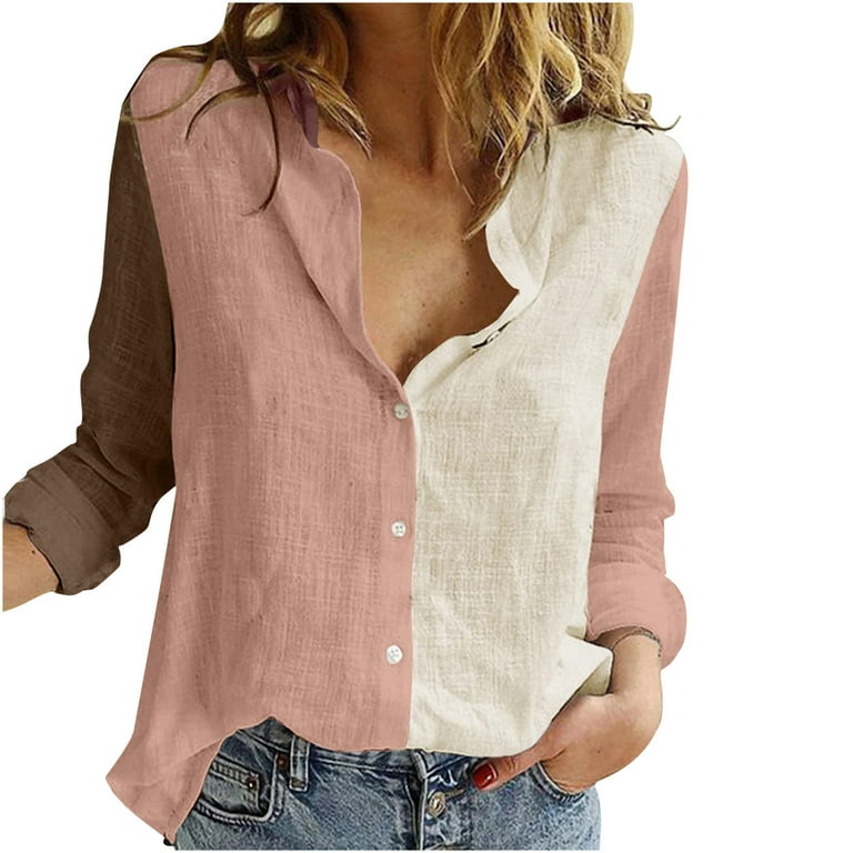 ZQGJB Color Block Shirts for Women Cotton Linen Rolled Long Sleeve Button  Neckline T-Shirt Loose Fit Comfy Blouse Trendy Workwear Tops Pink M 