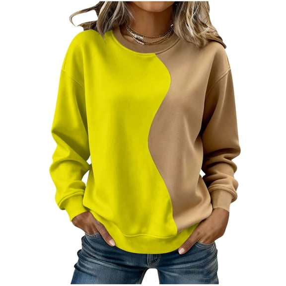 ZQGJB Color Block Sweatshirts for Women Lightweight Casual Fall Spring Long Sleeve Basic Crewneck Pullover Tops Loose Oversized Casual Tunic T-Shirts Tops Yellow#01 XL