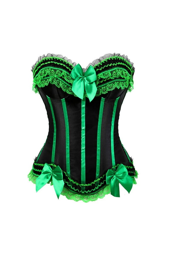 Corset Top Bustier Plus Size Women's Overbust Satin Floral Lace up Trim Renaissance Slimming Gothic Shapewear with Bowknot Decor Green L