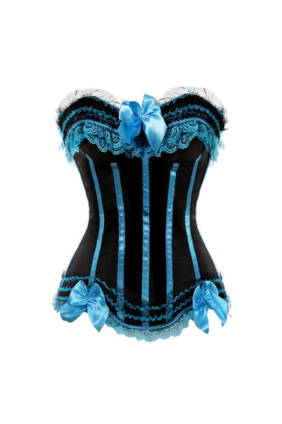Corset Top Bustier Plus Size Women's Overbust Satin Floral Lace up Trim Renaissance Slimming Gothic Shapewear with Bowknot Decor Light Blue S