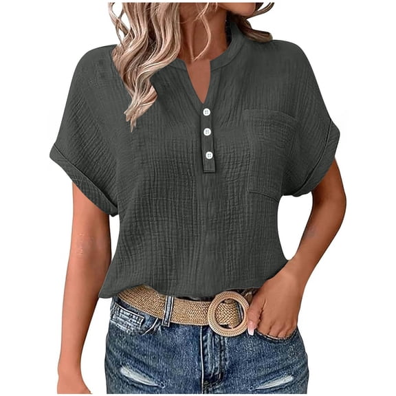 ZQGJB Cotton Shirts for Women Loose Fit Casual Button V Neck Solid Color Tunic Blouse Dressy Summer Short Sleeve Henley Tops with Pockets Dark Gray L