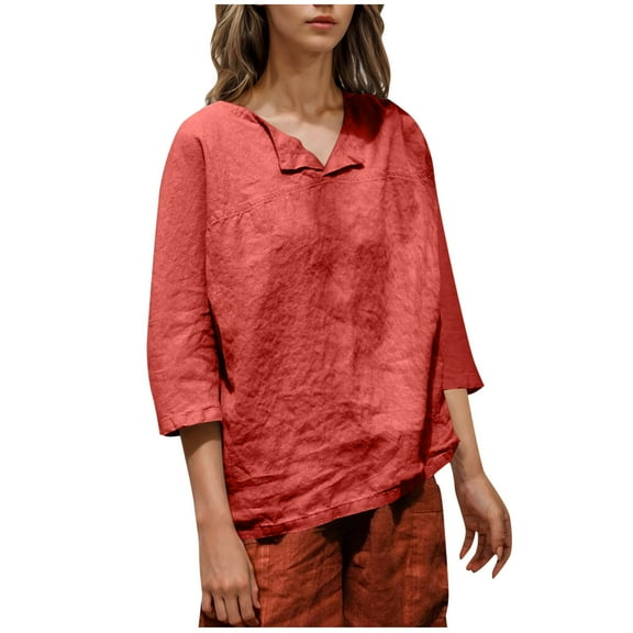 ZQGJB Cotton and Linen Shirts for Women Loose Fit Casual Summer 3/4 Length Sleeve Lapel Collared V Neck Beach Vacation Tunic Blouse Watermelon Red M
