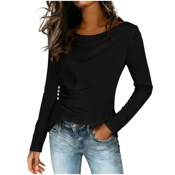 ZQGJB Cowl Neck Satin Shirts for Women Dressy Side Button Ruched Long Sleeve Loose Business Casual Tops Elegant Party Office Tunic Blouse Black XXL