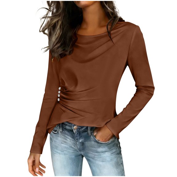 ZQGJB Cowl Neck Satin Shirts for Women Dressy Side Button Ruched Long Sleeve Loose Business Casual Tops Elegant Party Office Tunic Blouse Coffee XXL