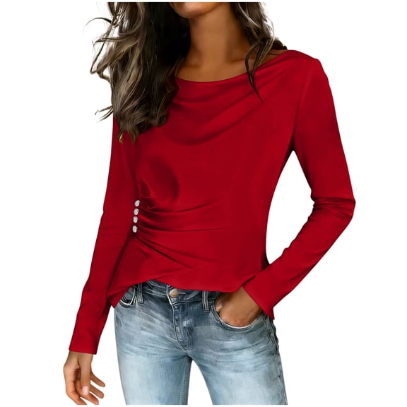 ZQGJB Cowl Neck Satin Shirts for Women Dressy Side Button Ruched Long Sleeve Loose Business Casual Tops Elegant Party Office Tunic Blouse Red XXL