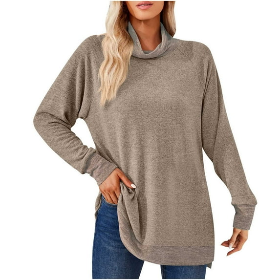 ZQGJB Cowl Neck Sweatshirts for Women Loose Lightweight Casual Solid Color Long Sleeve Pullover Blouse Trendy Autumn Side Slit Tunic Shirts Tops Khaki M