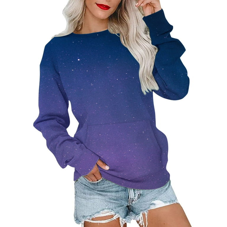 ZQGJB Crewneck Sweatshirt Women Casual Fall Long Sleeve Gradient Color Print Pullover Tops Loose Oversized Soft Cotton Ombre T Shirt with Pocket Dark