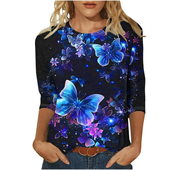ZQGJB Cute Butterfly Print Shirts for Women Dressy Casual 3/4 Lenght Sleeve Round Neck Graphic T-Shitrs Top Loose Fit Comfy Tunic Tees Blouse Multicolor#02 M