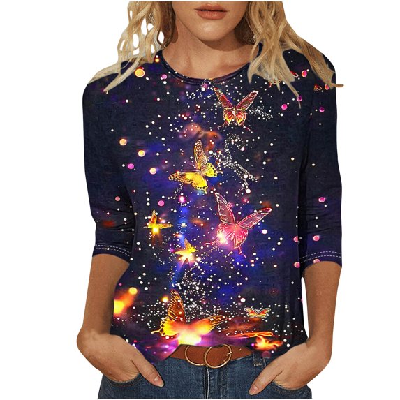 ZQGJB Cute Butterfly Print Shirts for Women Dressy Casual 3/4 Lenght Sleeve Round Neck Graphic T-Shitrs Top Loose Fit Comfy Tunic Tees Blouse Multicolor#06 L