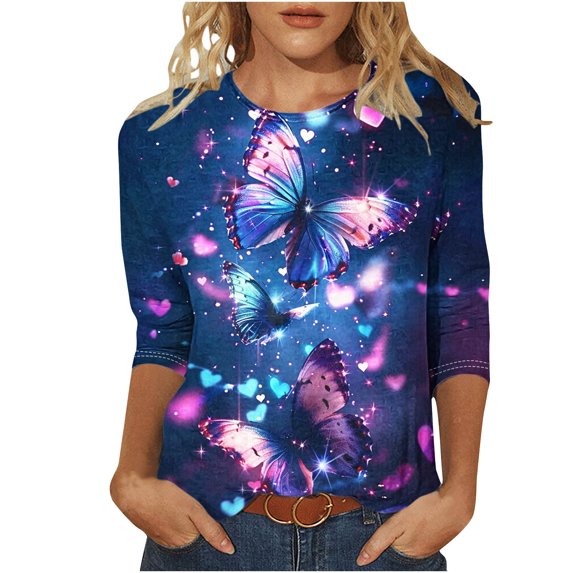 ZQGJB Cute Butterfly Print Shirts for Women Dressy Casual 3/4 Lenght Sleeve Round Neck Graphic T-Shitrs Top Loose Fit Comfy Tunic Tees Blouse Multicolor#19 XXL