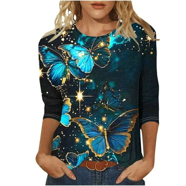 ZQGJB Cute Butterfly Print Shirts for Women Dressy Casual 3/4 Lenght Sleeve Round Neck Graphic T-Shitrs Top Loose Fit Comfy Tunic Tees Blouse Multicolor#20 L