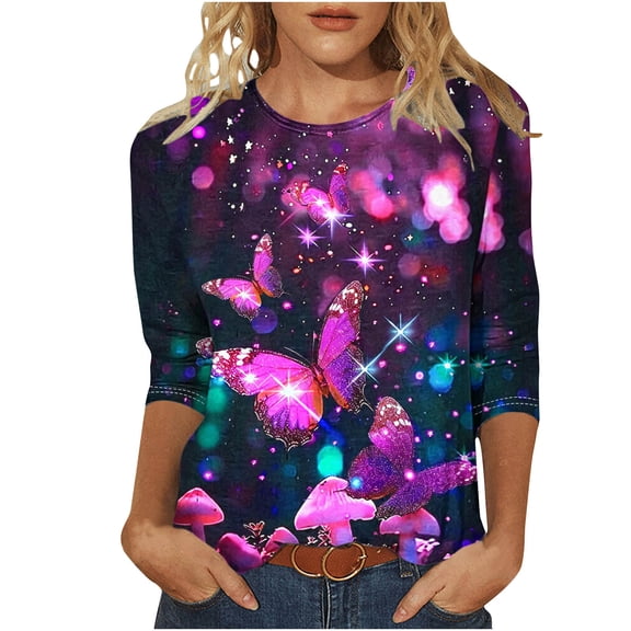 ZQGJB Cute Butterfly Print Shirts for Women Dressy Casual 3/4 Lenght Sleeve Round Neck Graphic T-Shitrs Top Loose Fit Comfy Tunic Tees Blouse Multicolor#17 M