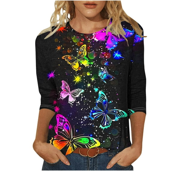 ZQGJB Cute Butterfly Print Shirts for Women Dressy Casual 3/4 Lenght Sleeve Round Neck Graphic T-Shitrs Top Loose Fit Comfy Tunic Tees Blouse Multicolor#11 XL