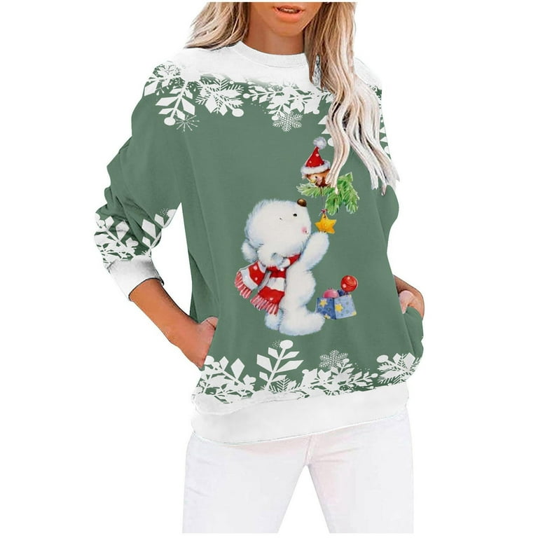 ZQGJB Cute Christmas Snowman Pattern Print Sweatshirts for Women Long  Sleeve Casual Snowflake Patchwork Graphic Crewneck Pullover T-Shirt Tops  with Pocket Green#04 XL 