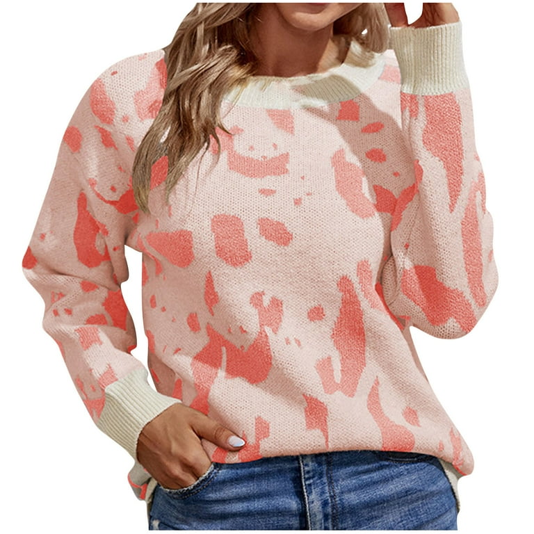 Zqgjb Cute Cow Print Sweaters for Women Fall Spring Casual Long Sleeve Crewneck Pullover Jumper Tops Cable Knitted Comfy Outwear Blouse Pink S