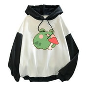 ZQGJB Cute Frog Mushroom Hoodie Sweatshirts for Women Casual Long Sleeve Lightweight Drawstring Hooded Sweatshirts Spring Trendy Pullover Tops(Black,L)