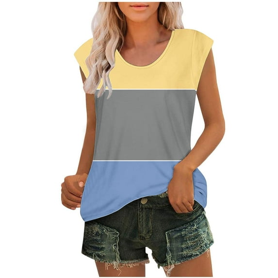 ZQGJB Cute Summer Tank Tops for Women Plus Size Casual Striped Color Block Print Cap Sleeve Graphic T-Shirts Trendy Relaxed Fit Cozy Blouse Yellow XXXL