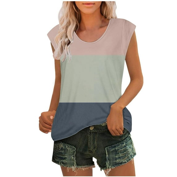 ZQGJB Cute Summer Tank Tops for Women Plus Size Casual Striped Color Block Print Cap Sleeve Graphic T-Shirts Trendy Relaxed Fit Cozy Blouse Pink XXXL