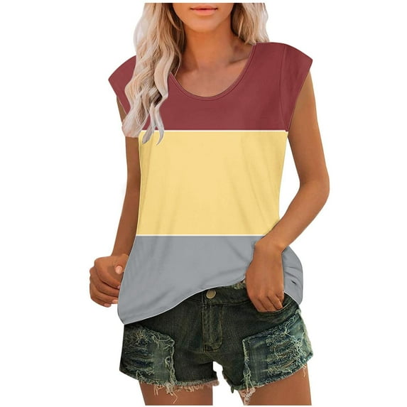 ZQGJB Cute Summer Tank Tops for Women Plus Size Casual Striped Color Block Print Cap Sleeve Graphic T-Shirts Trendy Relaxed Fit Cozy Blouse Wine L