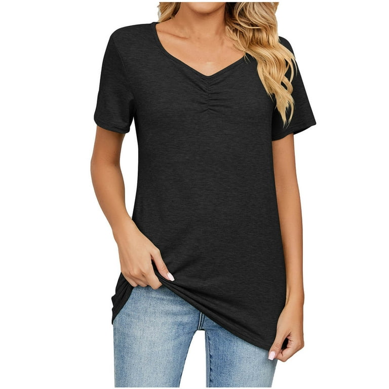 Womens Tops Summer Tunic Tops to Wear with Leggings V Neck Short Sleeve  Blouses Casual Loose T Shirt Plain Long Top : : Clothing, Shoes 
