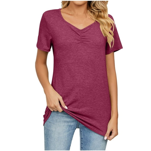 ZQGJB Cute Summer Tops for Women Casual Summer Ruched V Neck Plain Tees Trendy Short Sleeve Solid Color T-Shirts Loose Fit Basic Tunic Tshirt Wine L