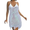 thumbnail image 1 of ZQGJB Cocktail Dresses for Women Sequin Feather Sleeveless Spaghetti Straps Backless Prom Party Club Dress Fashion Solid V Neck All-Over Fringe Sexy Bodycon Mini Dress #04-White One Size, 1 of 6