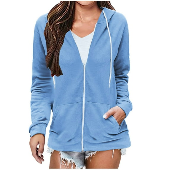 ZQGJB Discount Fall Lightweight Thin Hoodie Jackets for Women Trendy Solid Color Long Sleeve Full Zip up Drawstring Hooded Pullover Sweatshirts Tops with Pockets Sky Blue XXL