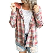 ZQGJB Discount Womens Casual Plaid Hoodie Shacket Jacket Long Sleeve Button Down Blouse Casual Drawstring Hooded Coat Single Breasted Shirts Tops(Orange,M)