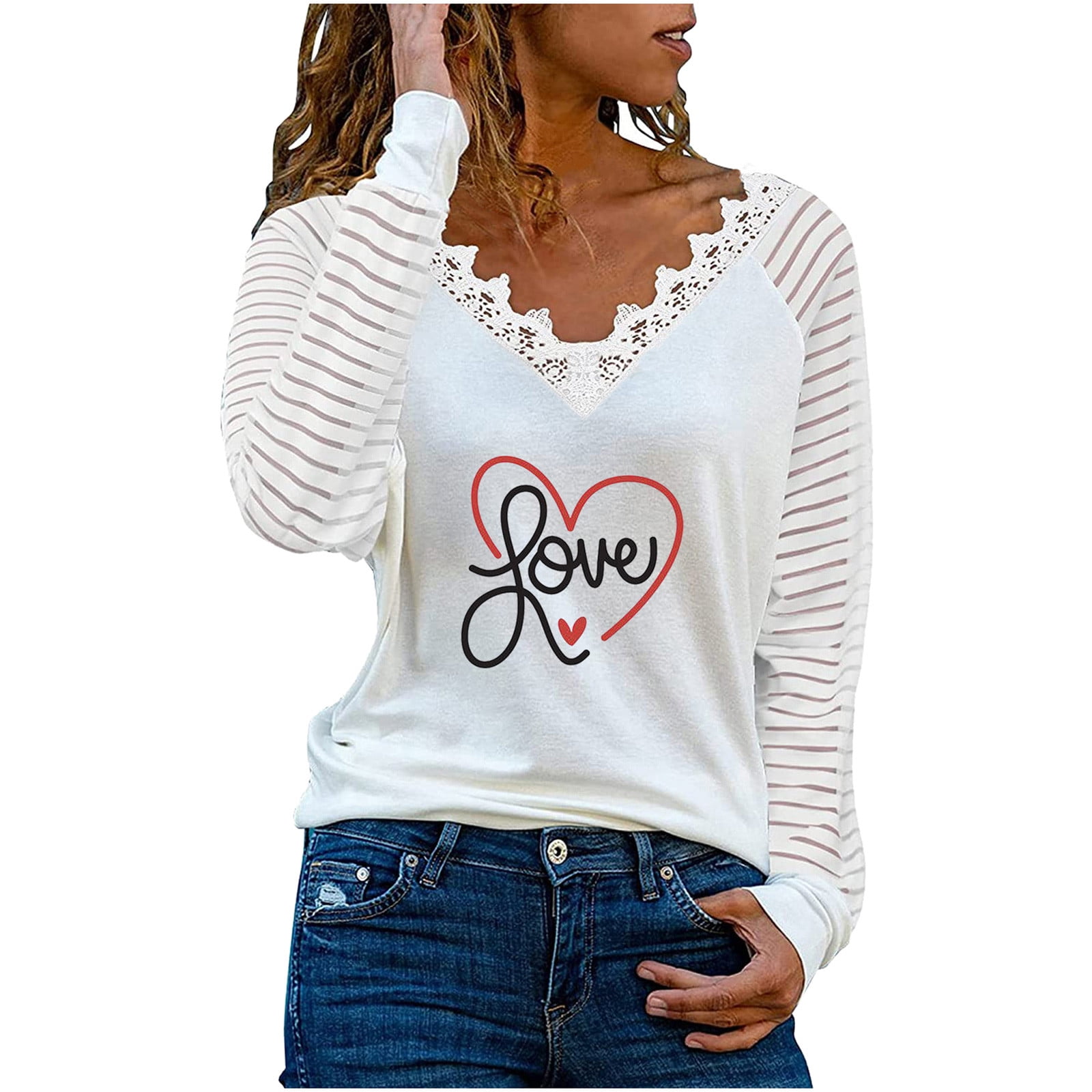 ZQGJB Valentines Day V Neck Off the Shoulder Tops for Women Casual