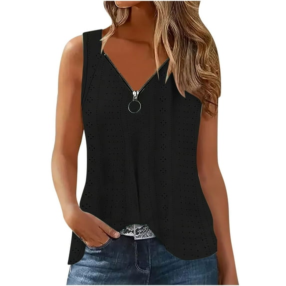 ZQGJB Eyelet Tank Tops for Women Casual Summer Sleeveless Zip up V Neck Plain Tees Shirt Loose Lightweight Comfy Workout Tunic Blouse Black S
