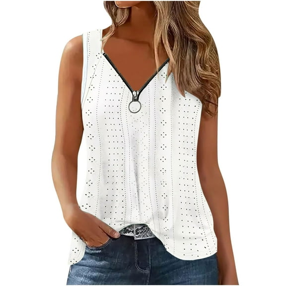 ZQGJB Eyelet Tank Tops for Women Casual Summer Sleeveless Zip up V Neck Plain Tees Shirt Loose Lightweight Comfy Workout Tunic Blouse White L