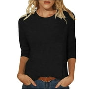 ZQGJB Fall 3/4 Sleeve Tops for Women Clearance Casual Dressy 2023 Summer Three Quarter Sleeve Crewneck Plain Tees Shirt Loose Relaxed Fitted Comfy Pullover Blouse Black L