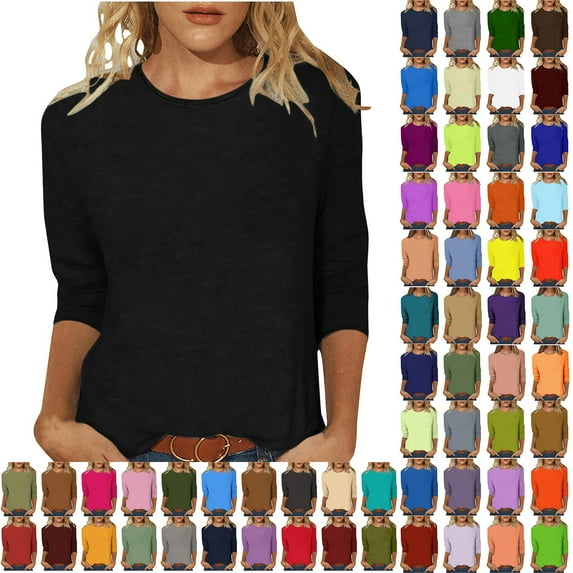 ZQGJB Fall 3/4 Sleeve Tops for Women Casual Dressy 2023 Summer Three Quarter Sleeve Crewneck Plain Tees Shirt Loose Relaxed Fitted Comfy Pullover Blouse A-Navy#02 XXXXXL