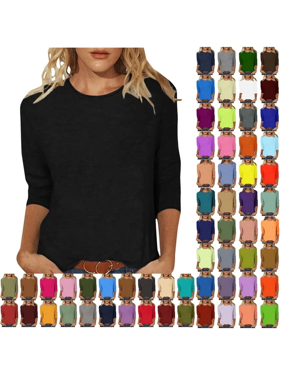 Fall 3/4 Sleeve Tops for Women Casual Dressy 2023 Summer Three Quarter Sleeve Crewneck Plain Tees Shirt Loose Relaxed Fitted Comfy Pullover Blouse A-Light Blue XXL