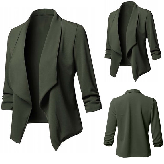ZQGJB Fall Blazers for Women Plus Size 3/4 Ruched Sleeve Open Front Cardigan Lapel Collared Thin Jacket Solid Color Lightweight Work Office Blazer Cropped Outwear Tops Green M