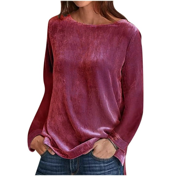 ZQGJB Fall Long Sleeve Crewneck Tops for Women Solid Color Velvet Blouses Leisure T Shirts Loose Casual Pullover Sweatshirts Pink XXXL