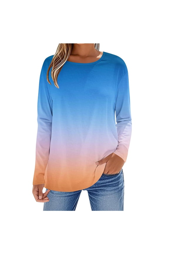 Fall Long Sleeve Ombre Tops for Women Tie Dye Print Crew Neck Graphic T-Shirts Loose Fit Pullover Sweatshirts Khaki L