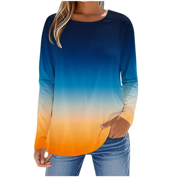 ZQGJB Fall Long Sleeve Ombre Tops for Women Tie Dye Print Crew Neck Graphic T-Shirts Loose Fit Pullover Sweatshirts Navy XXL