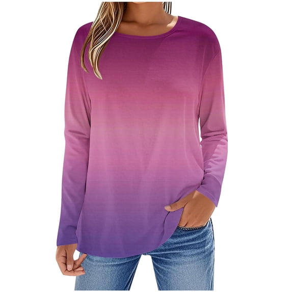 ZQGJB Fall Long Sleeve Ombre Tops for Women Tie Dye Print Crew Neck Graphic T-Shirts Loose Fit Pullover Sweatshirts Purple S