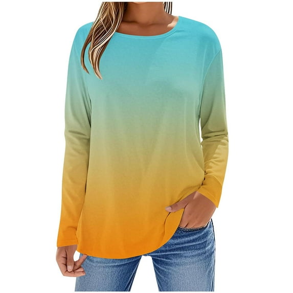 ZQGJB Fall Long Sleeve Ombre Tops for Women Tie Dye Print Crew Neck Graphic T-Shirts Loose Fit Pullover Sweatshirts Yellow S