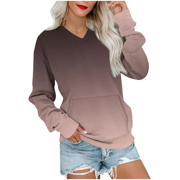 ZQGJB Fall Ombre Sweatshirts for Women Lightweight Casual Tie Dye Gradient Print Long Sleeve V Neck Pullover Tops Fashion 2025 Outfit Sweatshirt with Kangaroo Pockets Brown M