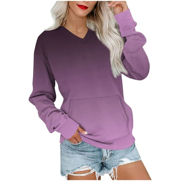 ZQGJB Fall Ombre Sweatshirts for Women Lightweight Casual Tie Dye Gradient Print Long Sleeve V Neck Pullover Tops Fashion 2025 Outfit Sweatshirt with Kangaroo Pockets Purple L