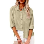 ZQGJB Fall Shirts for Women Casual Plus Size Long Sleeve Cotton and Linen Button Down Solid Color T-Shirts Tops Loose Lightweight Trendy 2023 Work Leisure Tshirt with Pockets Beige XXXXL