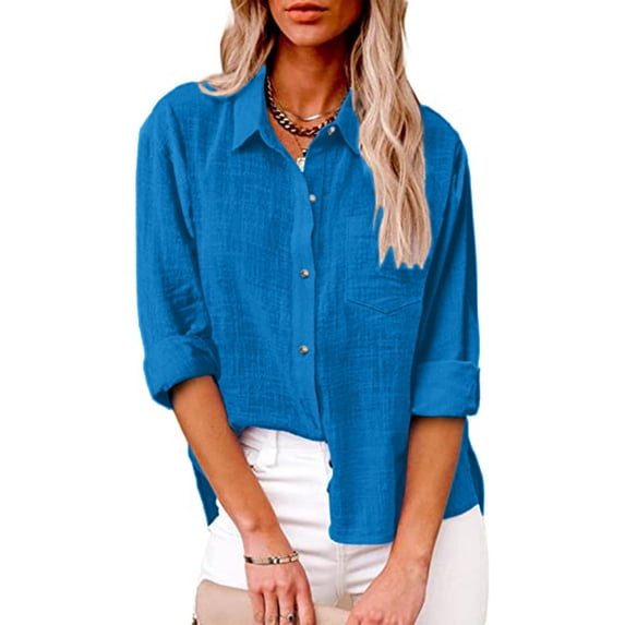 ZQGJB Fall Shirts for Women Casual Plus Size Long Sleeve Cotton and Linen Button Down Solid Color T-Shirts Tops Loose Lightweight Trendy 2023 Work Leisure Tshirt with Pockets Light Blue XXXXL