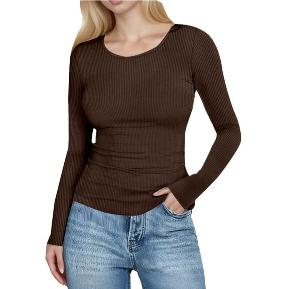ZQGJB Fall Spring Long Sleeve Shirts for Women Ribbed Scoop Neck Tops 2025 Fall Basic Solid Color Athletic Workout Tees Fitted Thermal Undershirts Clothes Coffee XXL