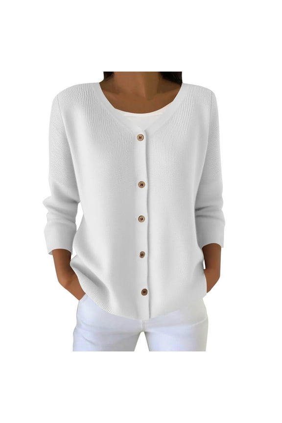 Fall Sweaters for Women Plus Size Casual Long Sleeve Button up V Neck Cable Knit Cardigan Pullover Sweater Tops Loose Lightweight Comfy Oversized Jumpers White XXL