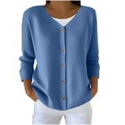 ZQGJB Fall Sweaters for Women Plus Size Casual Long Sleeve Button up V Neck Cable Knit Cardigan Pullover Sweater Tops Loose Lightweight Comfy Oversized Jumpers Blue L