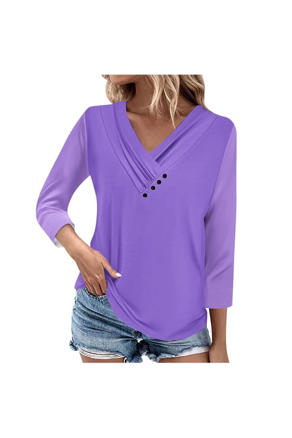 Fall Womens Splicing Tunic Tops Casual 3/4 Sleeve Wrap Button V Neck Henley Shirts Trendy Oversized Color Block Print Pullover Blouse Purple XXXL